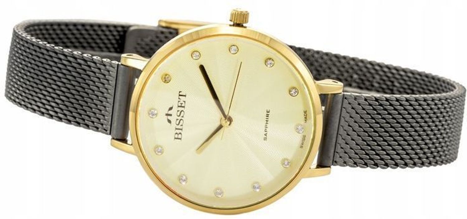 Bisset BSBF30 – elegancki damski zegarek szwajcarski z mechanizmem kwarcowym, złotą kopertą, cyferblatem zdobionym cyrkoniami, szafirowym szkłem i bransoletą G-Link z mikroregulacją.1.jpg